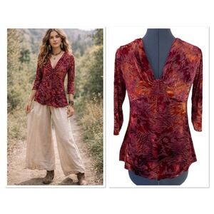 Vtg Seventh Avenue Pink Orange Velvet Burnout Ruched V Neck Top Y2K Babydoll M